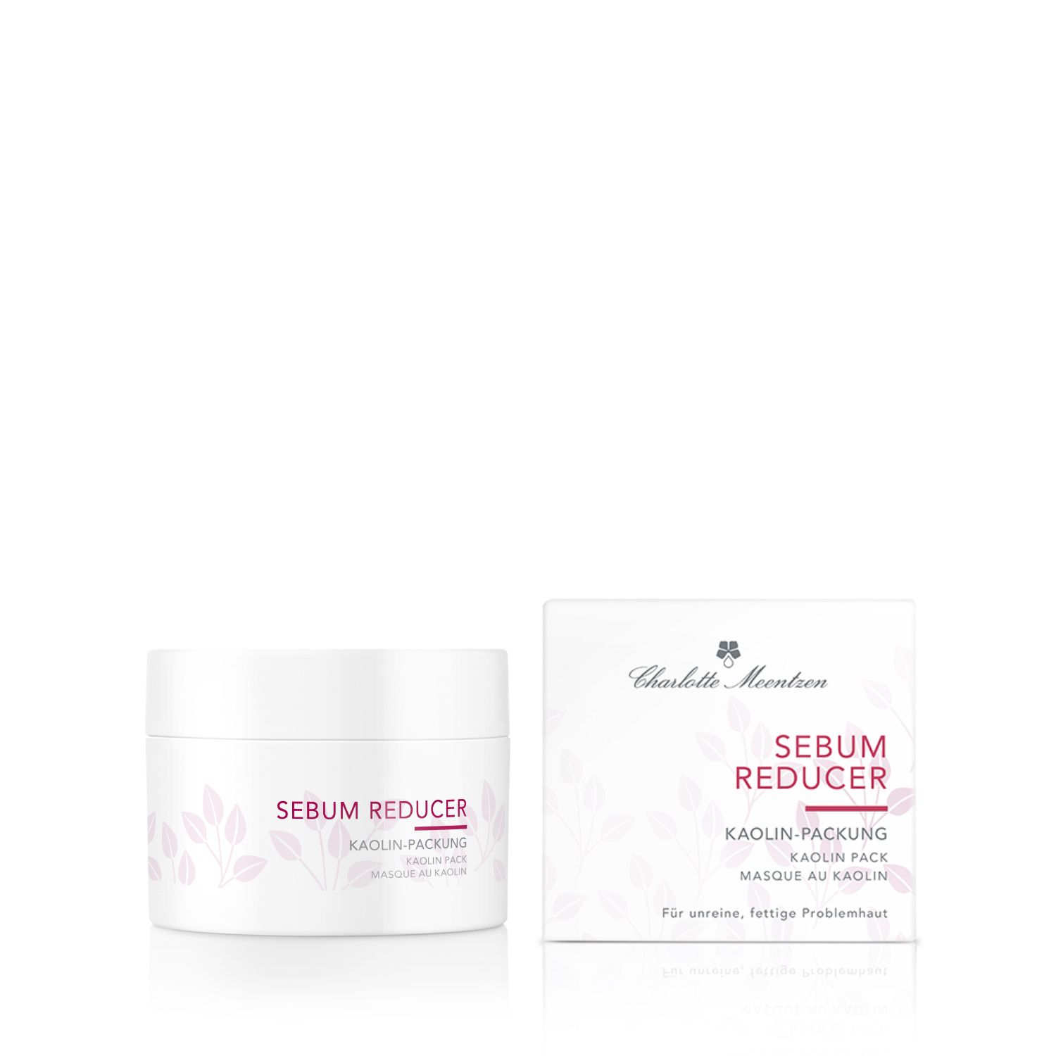 Weißer Tiegel und Karton mit Produktbezeichnung: Sebum Reducer Kaolin-Packung. Marke Charlotte Meentzen. Aufdruck in Deutsch, Englisch und Französisch.