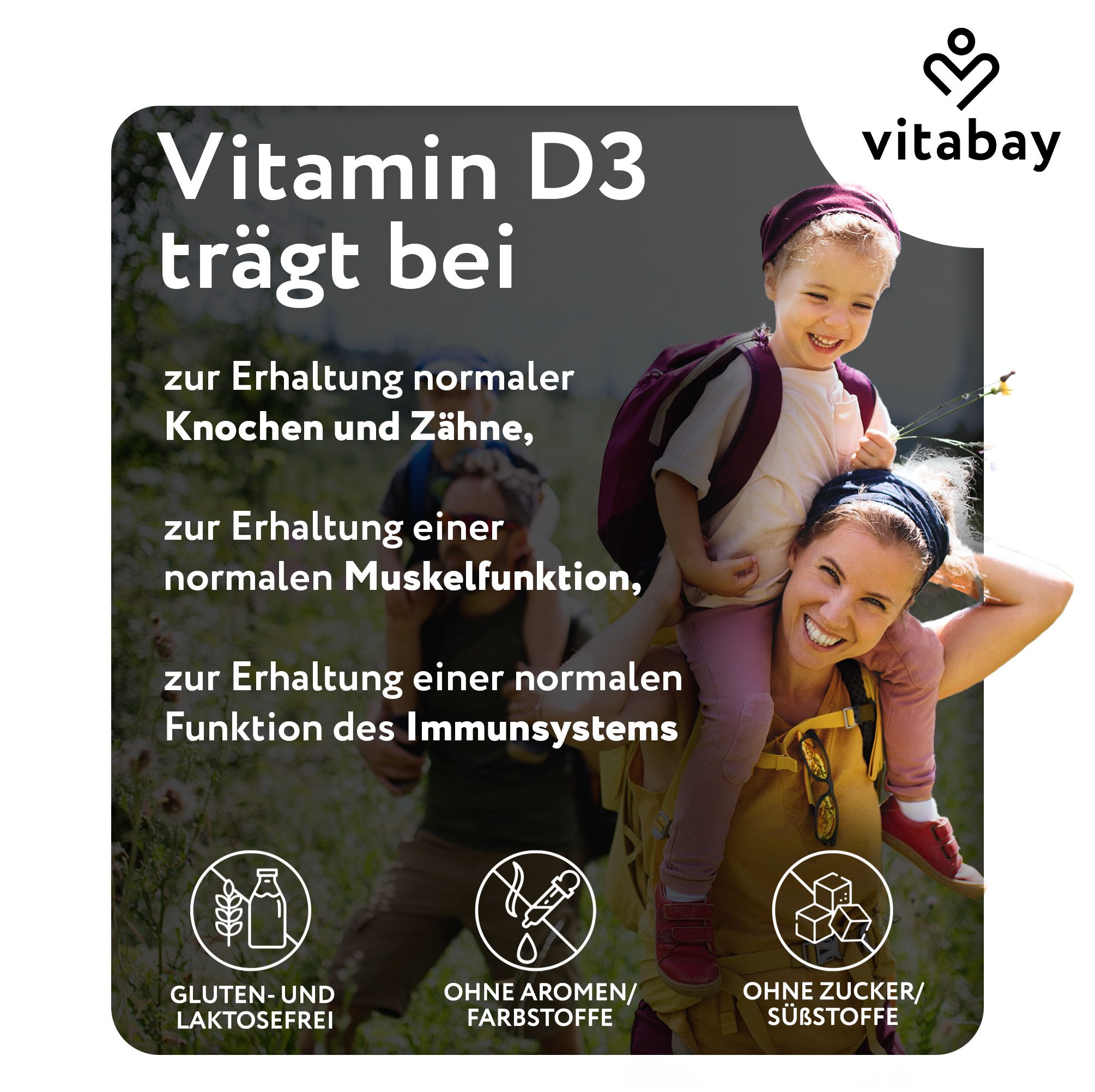 Vitabay Vitamin D3 trägt bei zu normalen Knochen, Zähnen, Muskelfunktion, Immunsystem.
