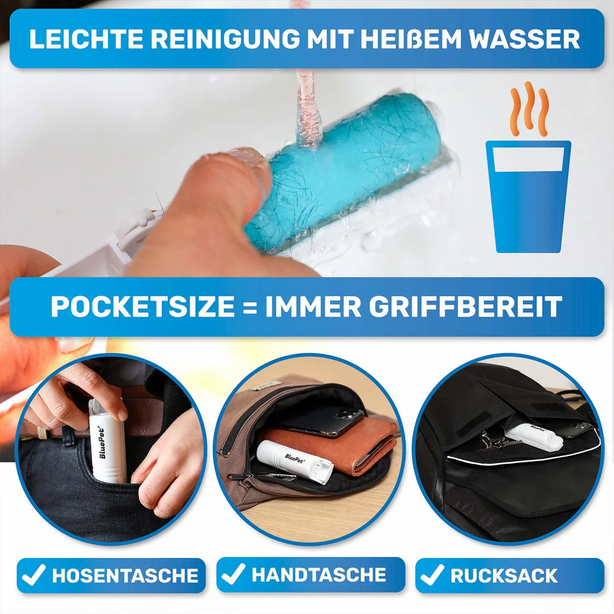 Mini-Fusselroller wird mit heißem Wasser gereinigt. Drei Bilder zeigen den Roller in Hosentasche, Handtasche und Rucksack.