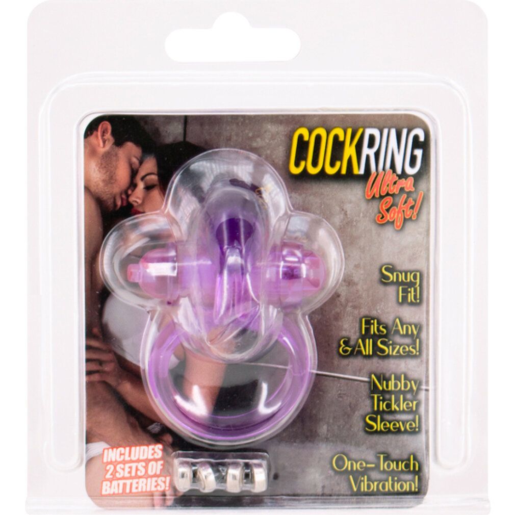 Lila Cockring in Verpackung. Text: Ultra Soft, Snug Fit, passt für alle Größen, Nubby Tickler Sleeve, One-Touch Vibration. Inkl. Batterien.