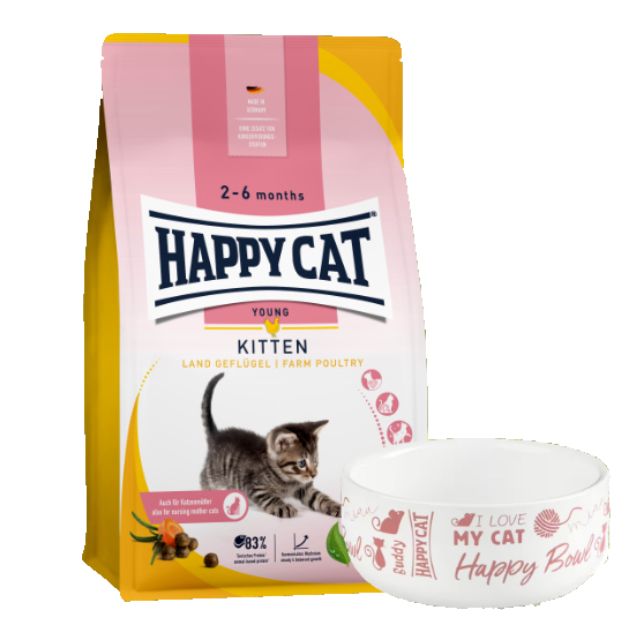Rosa-gelbe Verpackung mit Katzenfutter und Futternapf. Aufschrift: HAPPY CAT Young Kitten. Futternapf mit Aufschrift: I love my cat.