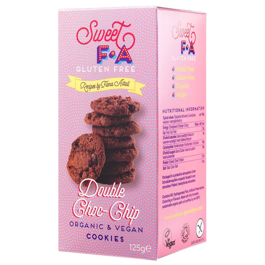 Verpackung mit Keksen. Aufschrift: Sweet FA Gluten Free Double Choc-Chip Kekse. Vegan, glutenfrei, Bio. 125g.