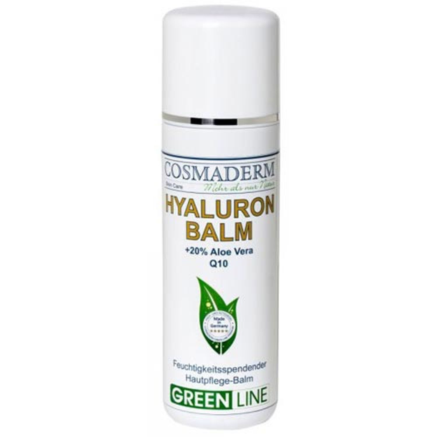 Weiße Flasche mit Deckel. Aufschrift: COSMADERM, HYALURON BALM, +20% Aloe Vera Q10, GREEN LINE. Feuchtigkeitsspendender Hautpflege-Balm.