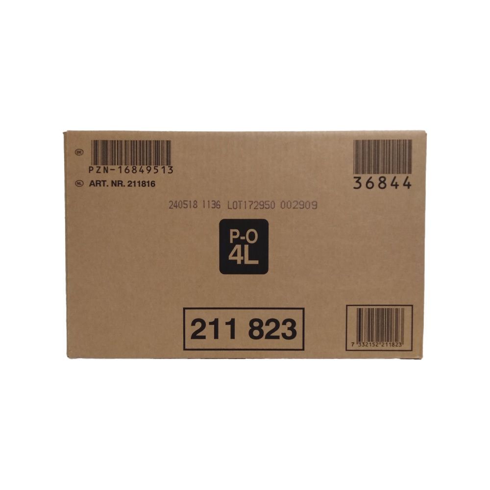 Kartonverpackung mit Produktbezeichnung P-O 4L. Barcodes und weitere Angaben sind auf der braunen Verpackung sichtbar.