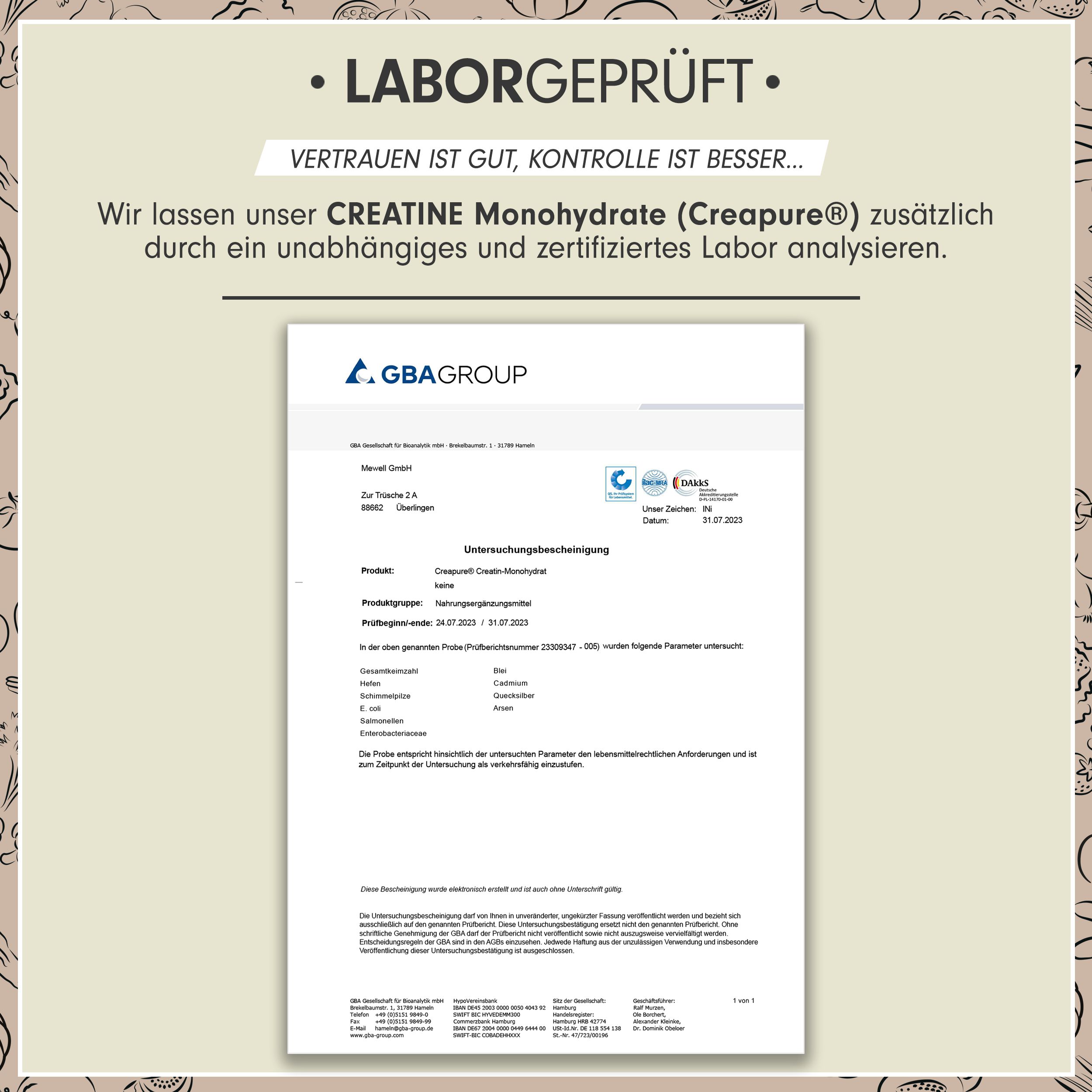 Laborbericht. Text: CREATINE Monohydrate (Creapure®) wird durch ein unabhängiges Labor analysiert. GBA Group Logo.