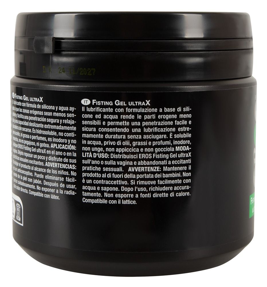 Schwarzer Behälter mit EROS Ultra X Fisting Gel Aufschrift und CE-Zeichen.