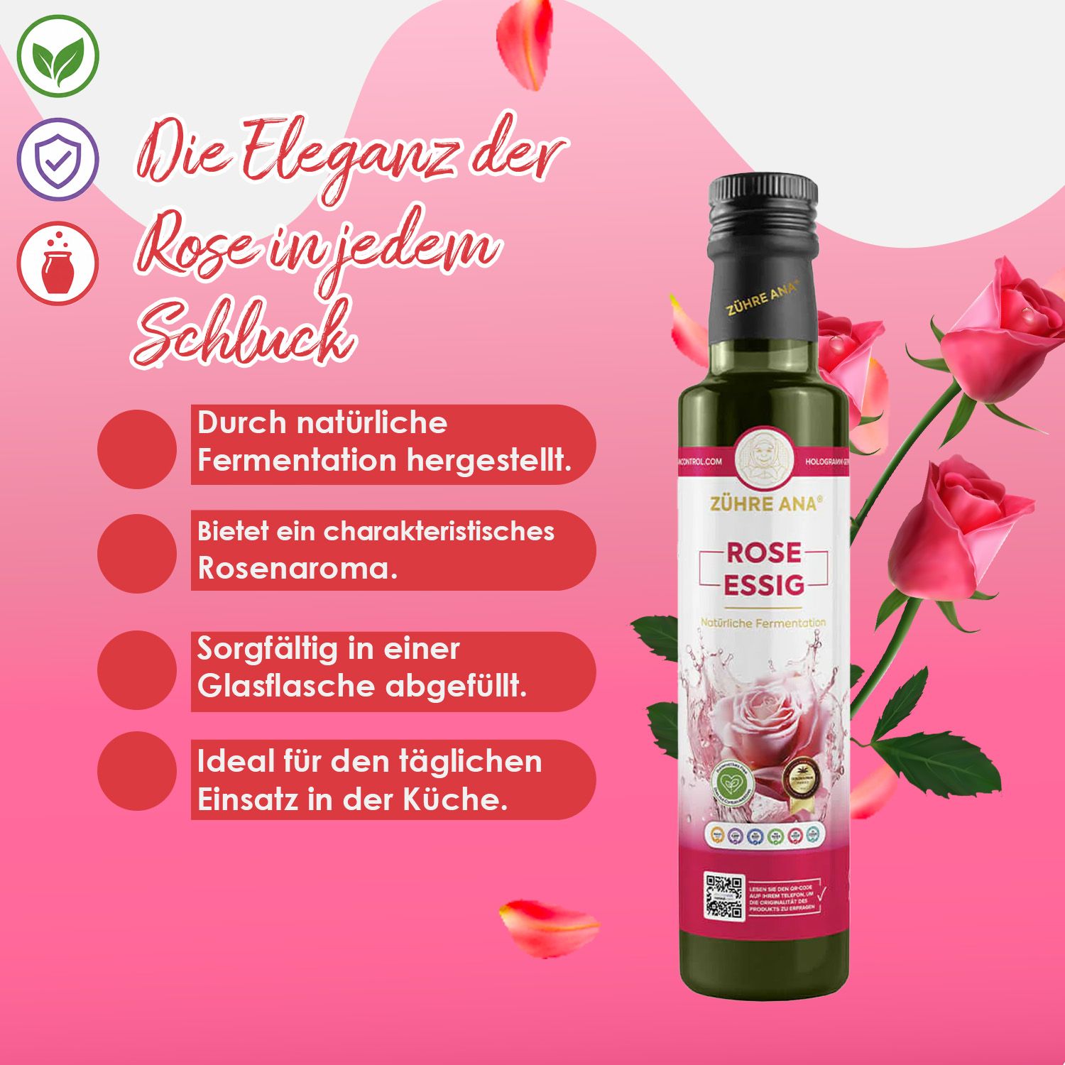 Flasche Rosenessig mit Rosen und Text über Vorteile und Verwendung.