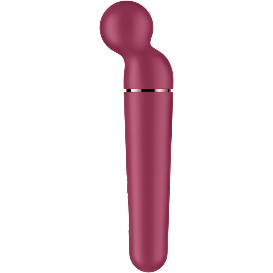 Bordeauxfarbener Vibrator mit rundem Kopf und zylindrischem Schaft. Silberfarbener Ring am Übergang. Zwei Knöpfe.