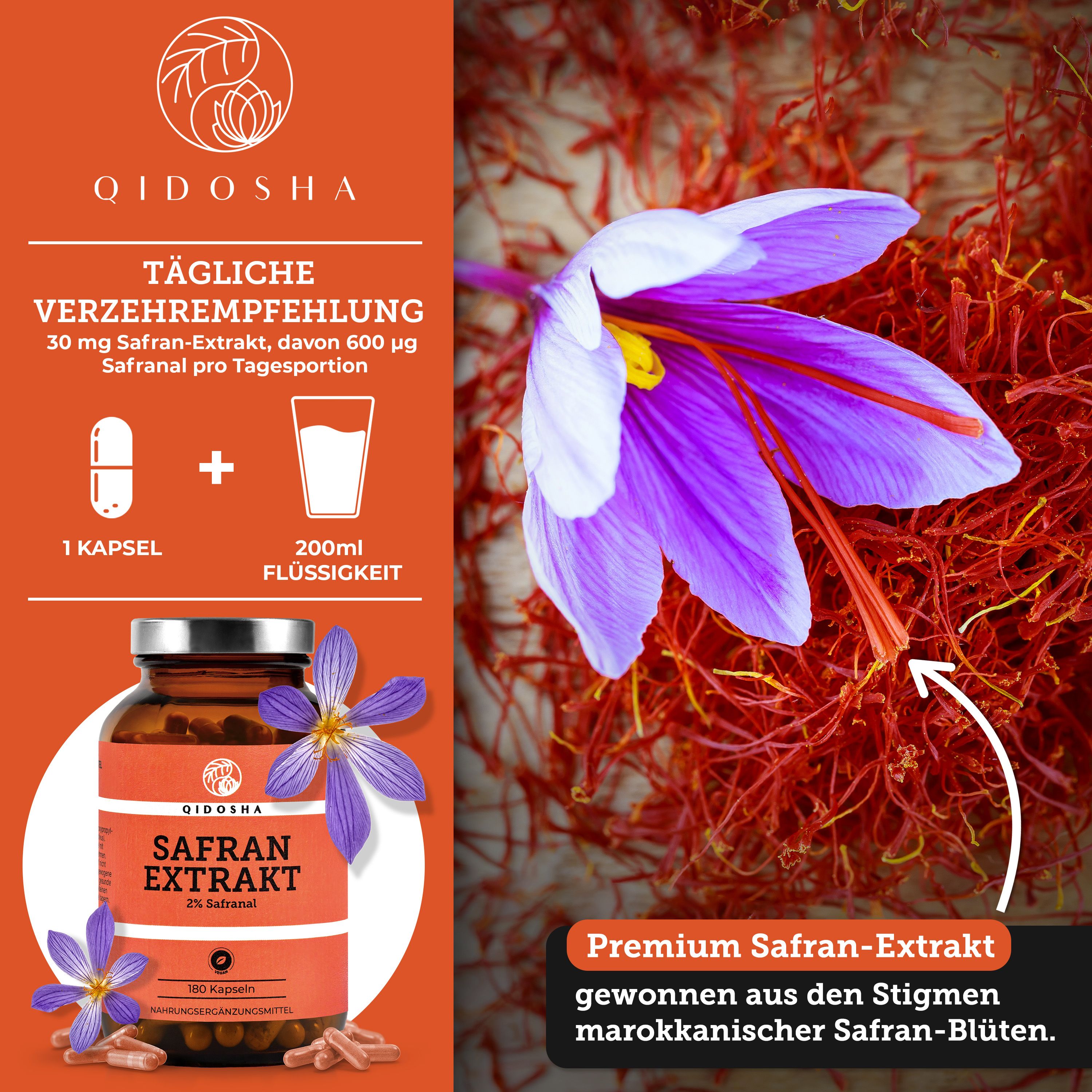 Glasflasche mit Kapseln, daneben eine Kapsel und ein Glas Wasser. Aufschrift: QIDOSHA Safran Extrakt, 2% Safranal.