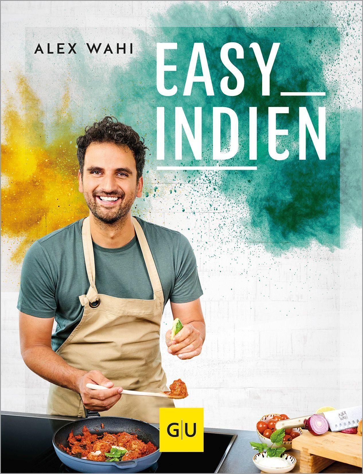 Buchcover mit Titel "Easy Indien". Mann mit Kochschürze hält Essen. Logo "GU".
