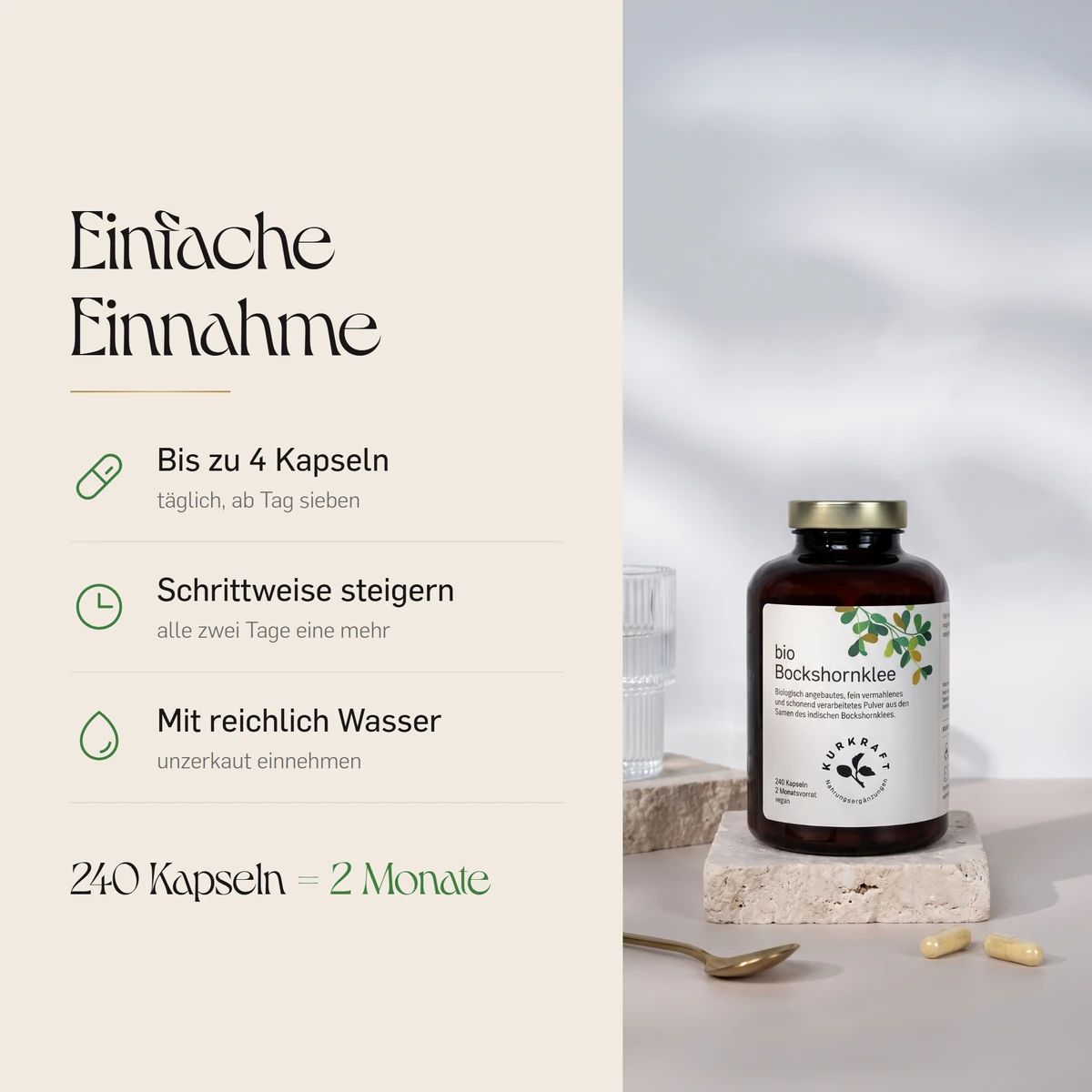 Anleitung zur Einnahme von Kurkraft Bio Bockshornklee Kapseln: Bis zu 4 Kapseln täglich, schrittweise steigern.