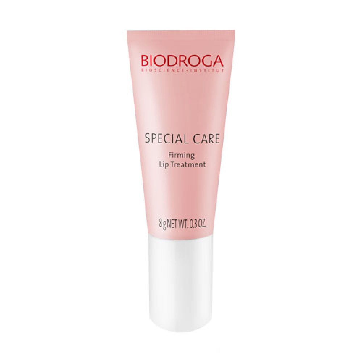 Rosa Tube mit weißem Deckel. Aufschrift: BIODROGA, SPECIAL CARE Firming Lip Treatment. Gewicht: 8g NET WT. 0.3 OZ.