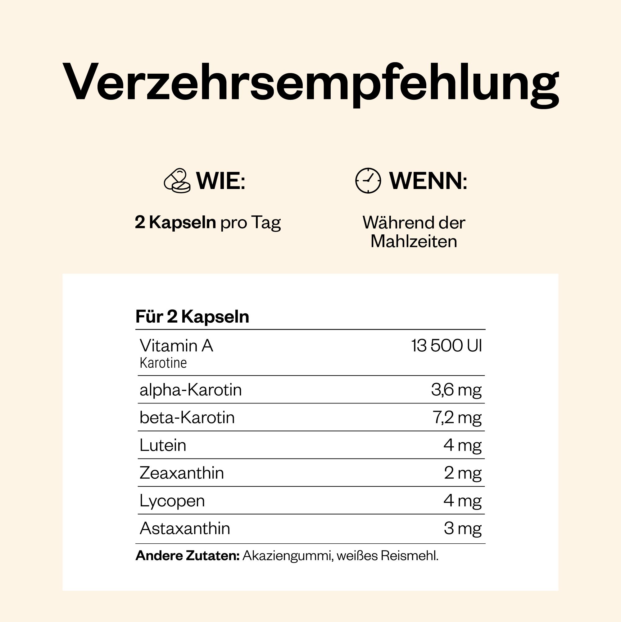 Verzehrempfehlung: 2 Kapseln pro Tag während der Mahlzeiten. Inhaltsstoffe: Vitamin A, Alpha-Carotin, Beta-Carotin, Lutein, Zeaxanthin, Lycopin, Astaxanthin.