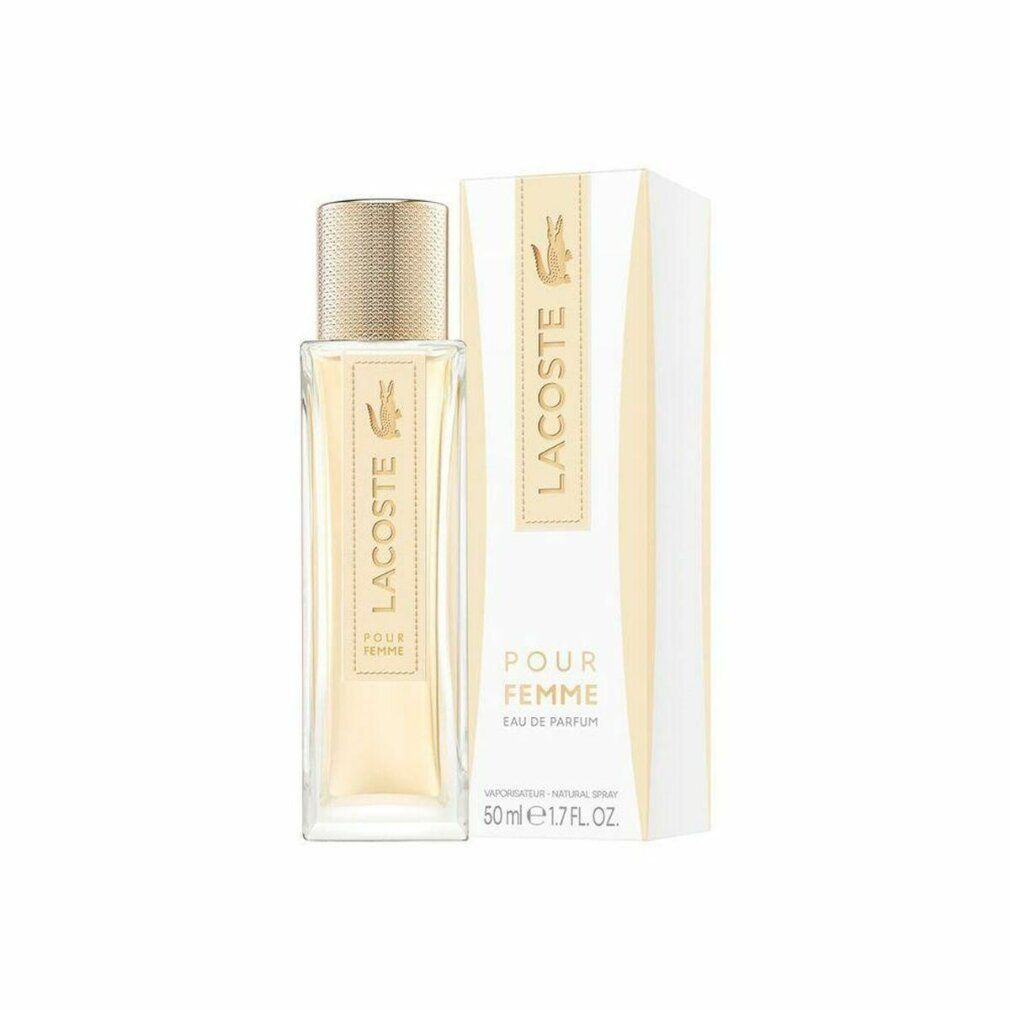 Lacoste Pour Femme Eau de Parfum Flakon und Umverpackung nebeneinander.