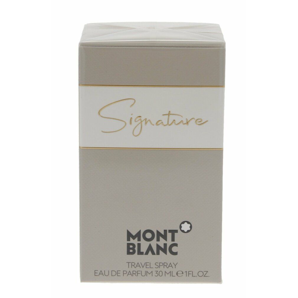 Beige Schachtel mit weißem Streifen und goldener Aufschrift "Signature". Unten Logo und Schriftzug MONT BLANC.