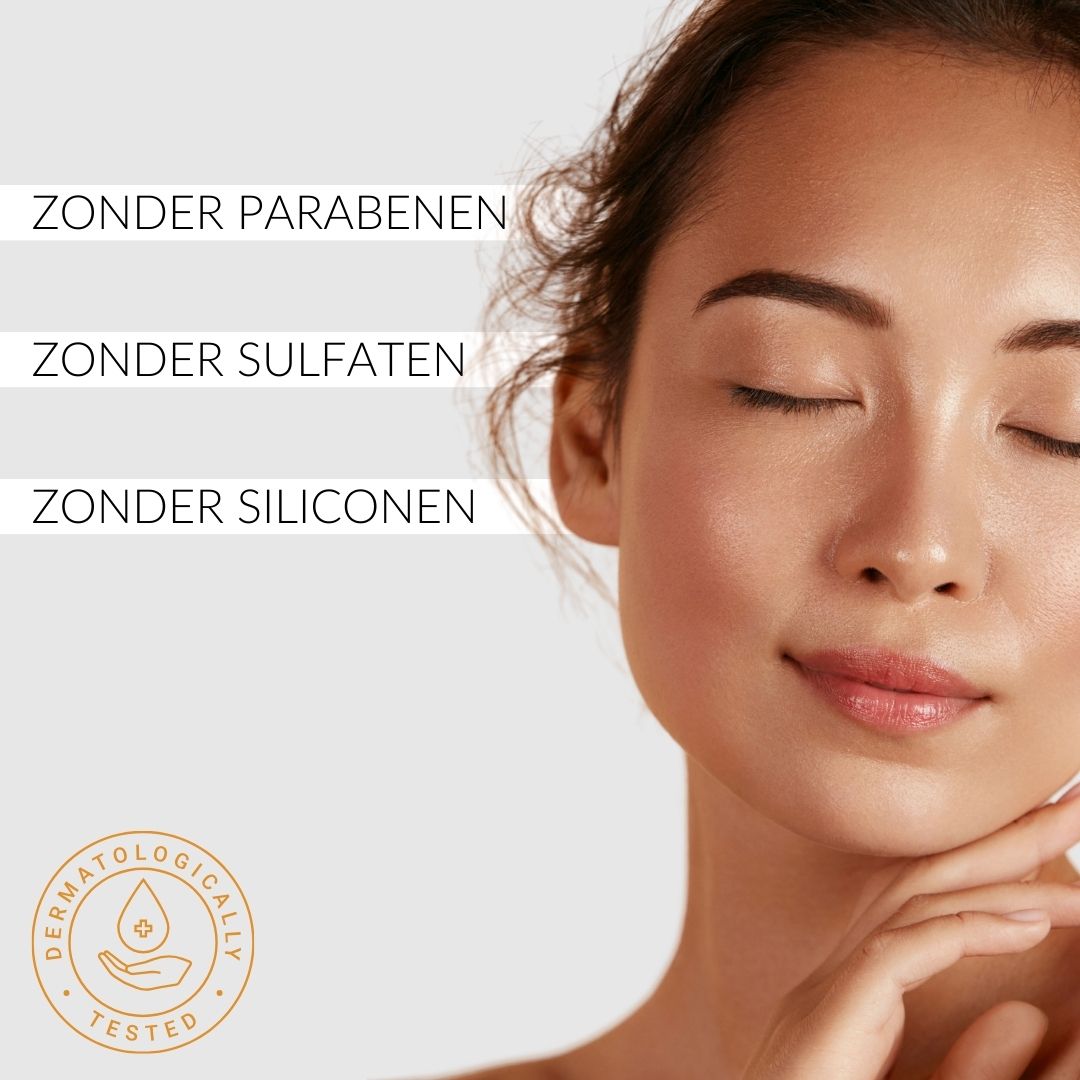 Vrouw met gesloten ogen. Tekst: Zonder parabenen, sulfaten, siliconen. Logo: Dermatologisch getest.