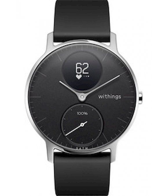 Schwarze Withings Sportuhr mit rundem Zifferblatt, silbernem Gehäuse und schwarzem Armband. Zeigt Herzfrequenz und Fortschritt.