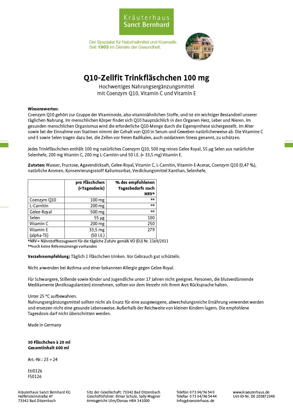 Beipackzettel mit Informationen zu Q10-Zellfit Trinkfläschchen. Enthält Informationen zu Inhaltsstoffen, Dosierung und Hersteller.