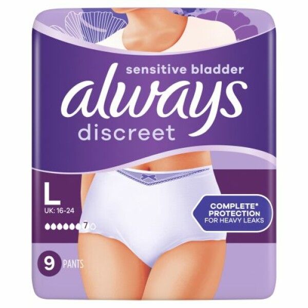 Always Discreet Inkontinenz-Höschen, L, 9 Stück. Verpackung mit Produktabbildung. Lila Verpackung mit Produktinformationen.