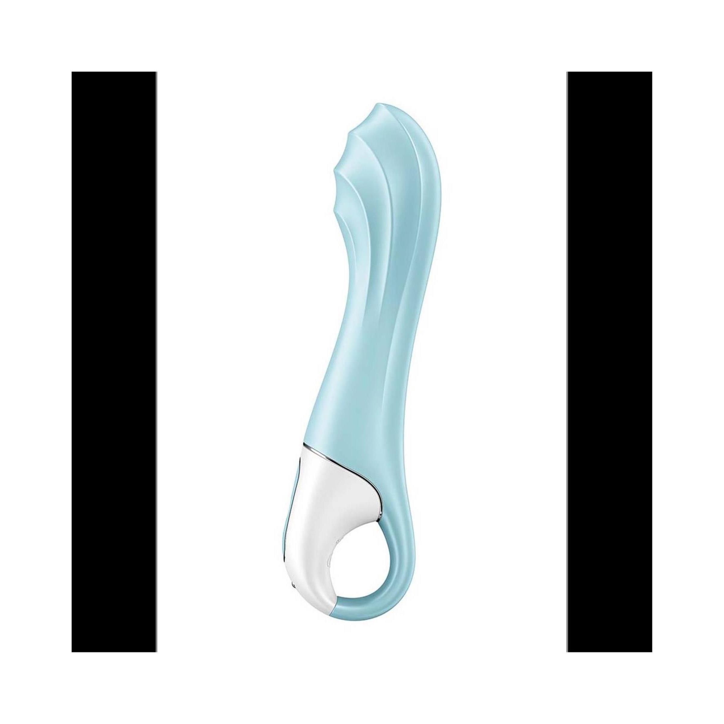 Blau-weißer Vibrator mit Ring. Geriffeltes Design oben. Zwei Knöpfe. Ringförmige Basis.