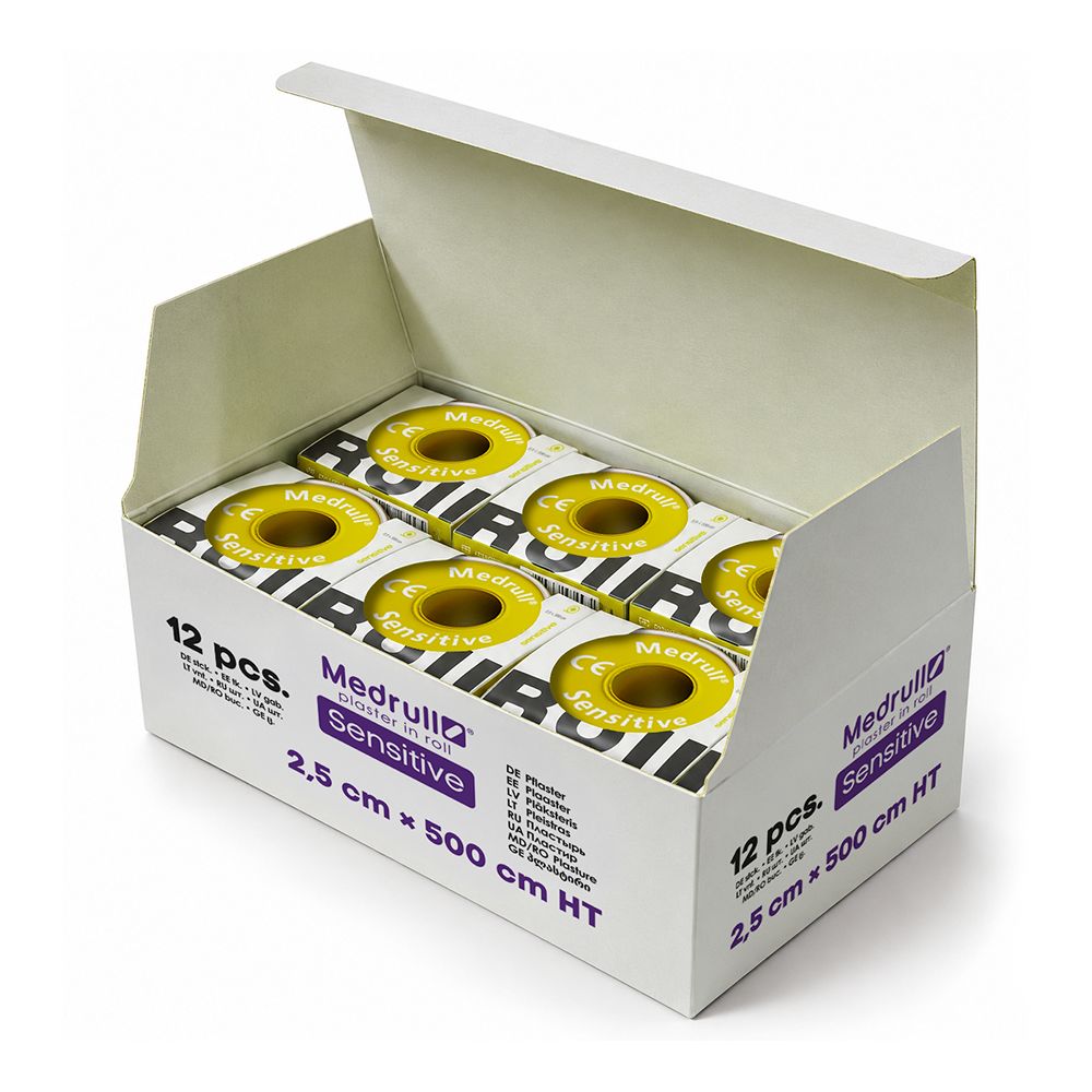 Geöffnete Packung Medrull Sensitive Pflaster, 12 Rollen à 2,5 cm x 500 cm.