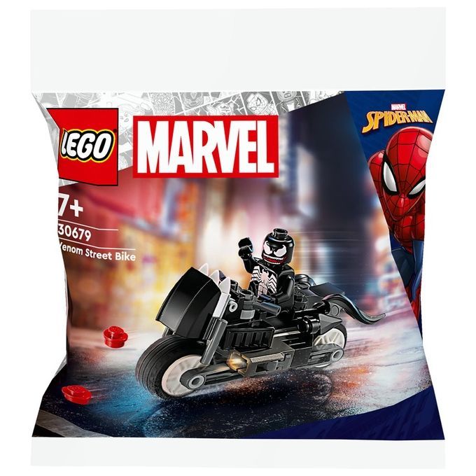 Set LEGO Marvel Moto di Venom. La confezione mostra una moto nera con una figura di Venom. Il set è adatto a bambini dai 7 anni in su. Il logo LEGO e il logo Marvel sono ben visibili.