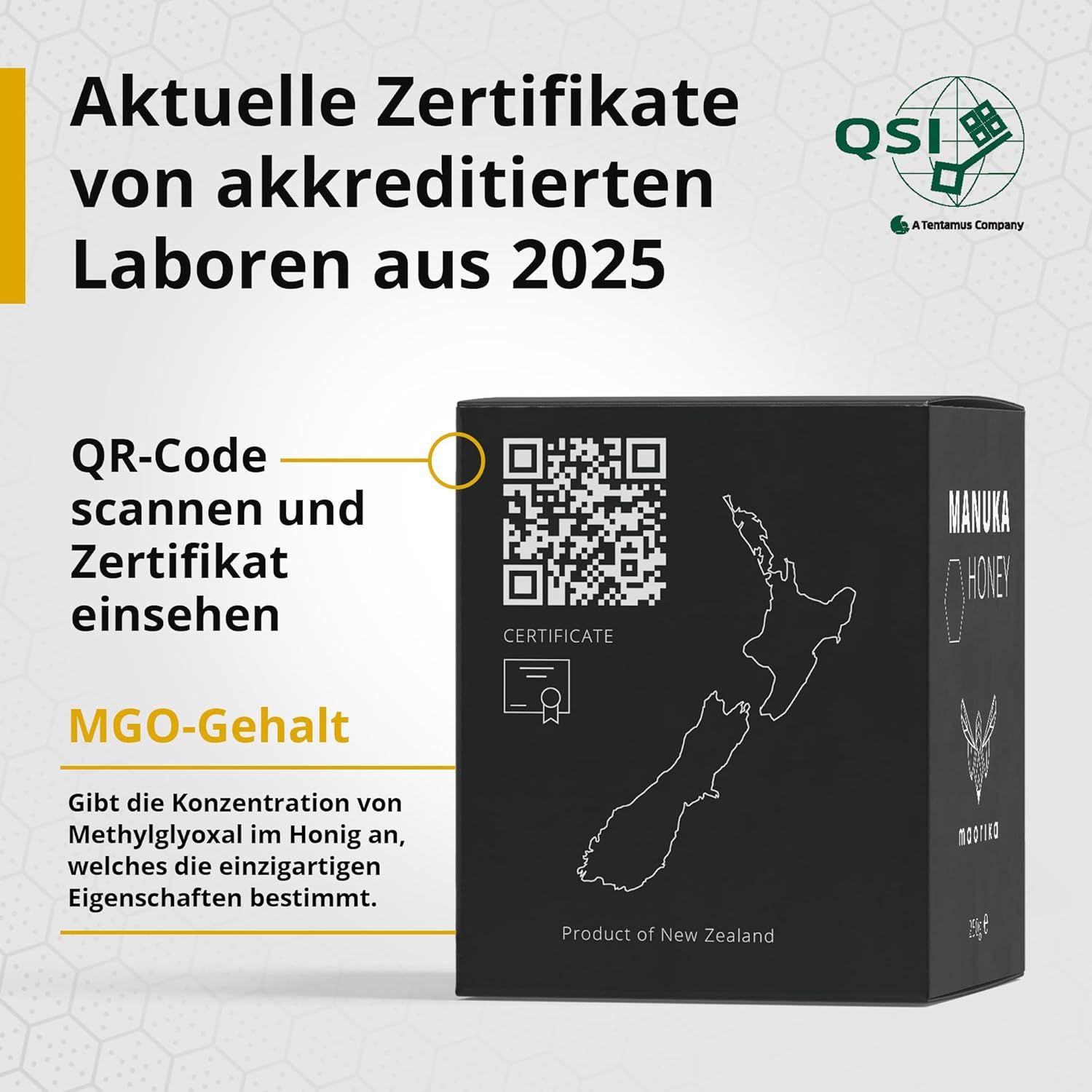 Maorika Manuka Honig 1000+ MGO Karton mit QR-Code und Neuseeland-Umriss.