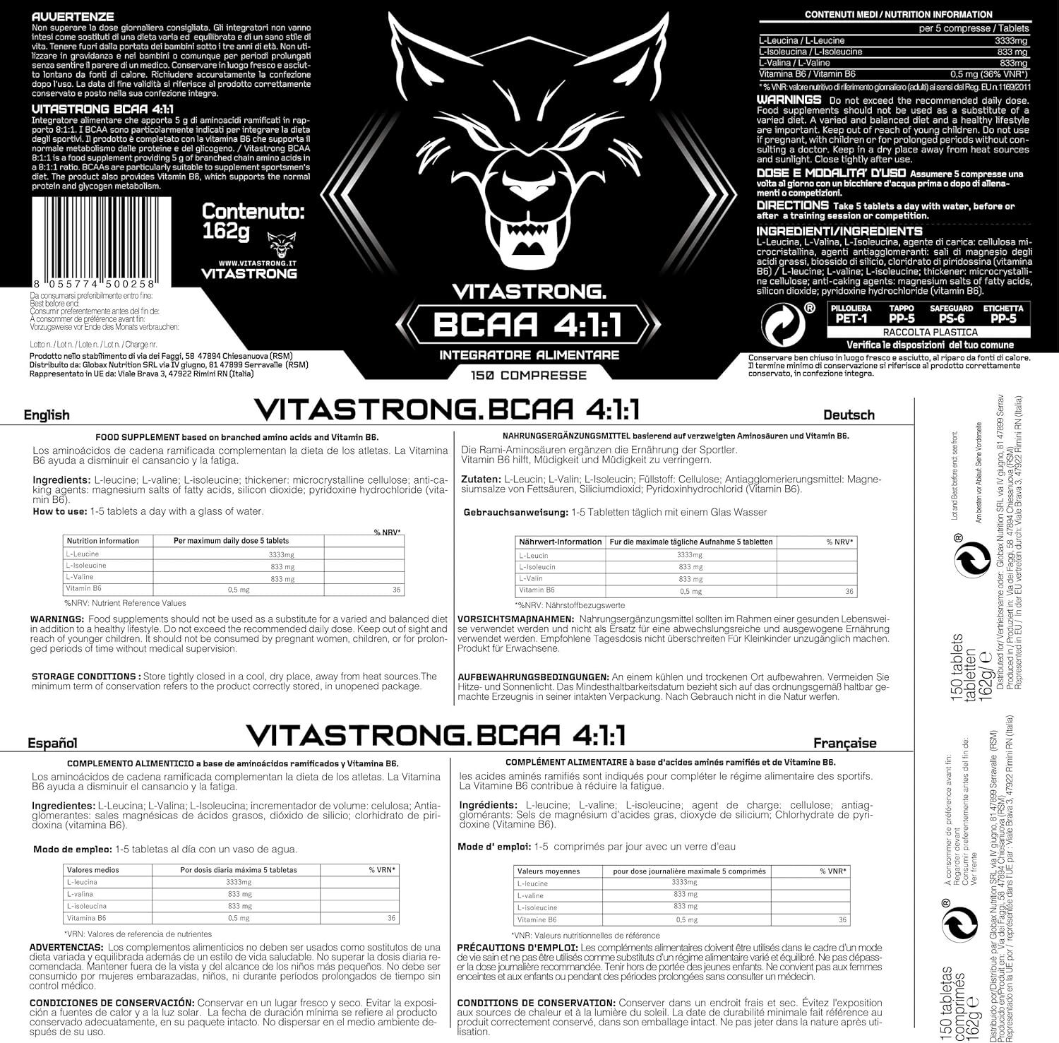 Rückseite der Vitastrong BCAA 4:1:1, 150 Tabletten. Produktetikett mit Inhaltsstoffen und Warnhinweisen in mehreren Sprachen.