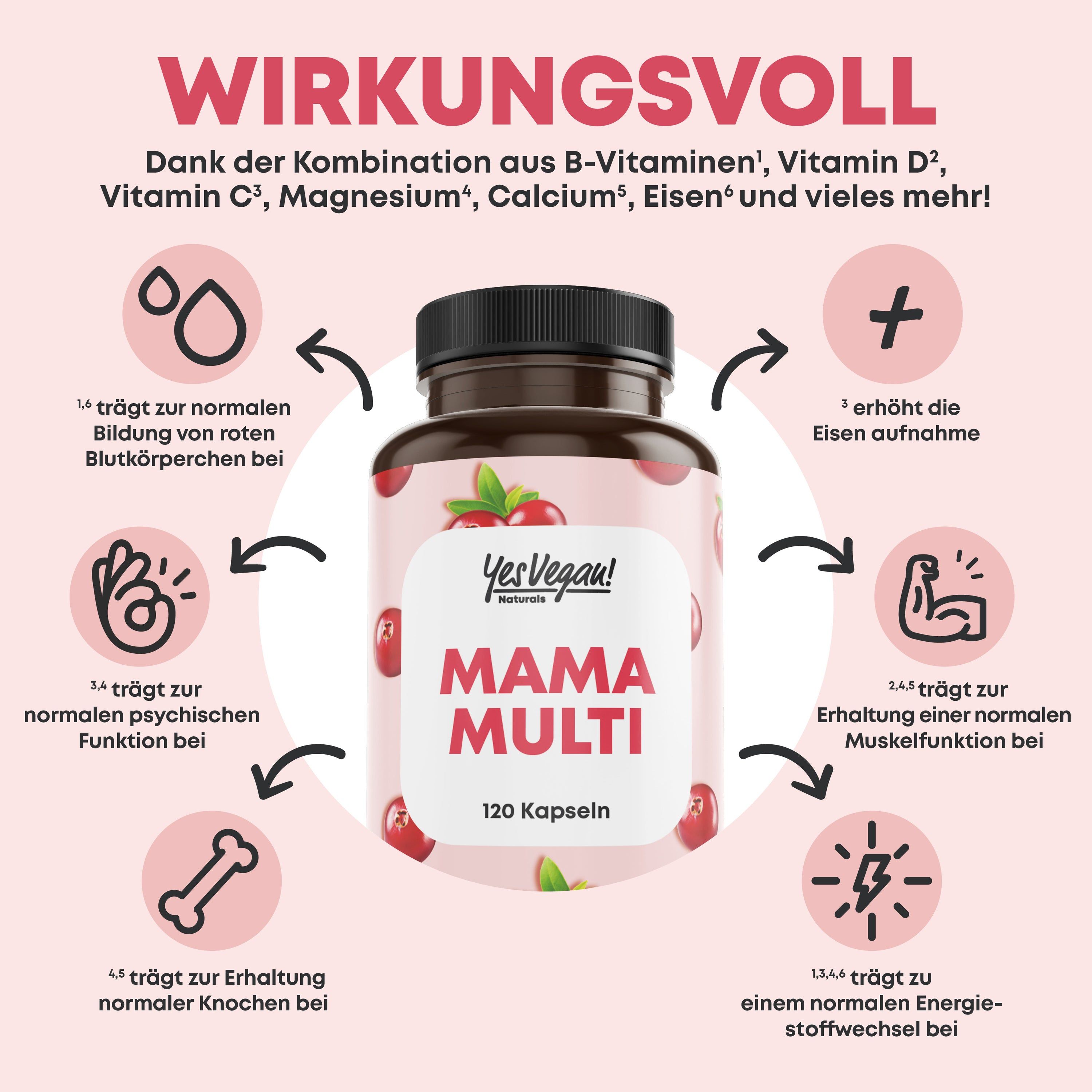 Braune Flasche mit Kapseln Mama Multi, 120 Kapseln. Wirkung: B-Vitamine, Vitamin D2, C3, Magnesium, Calcium, Eisen. Vegan.