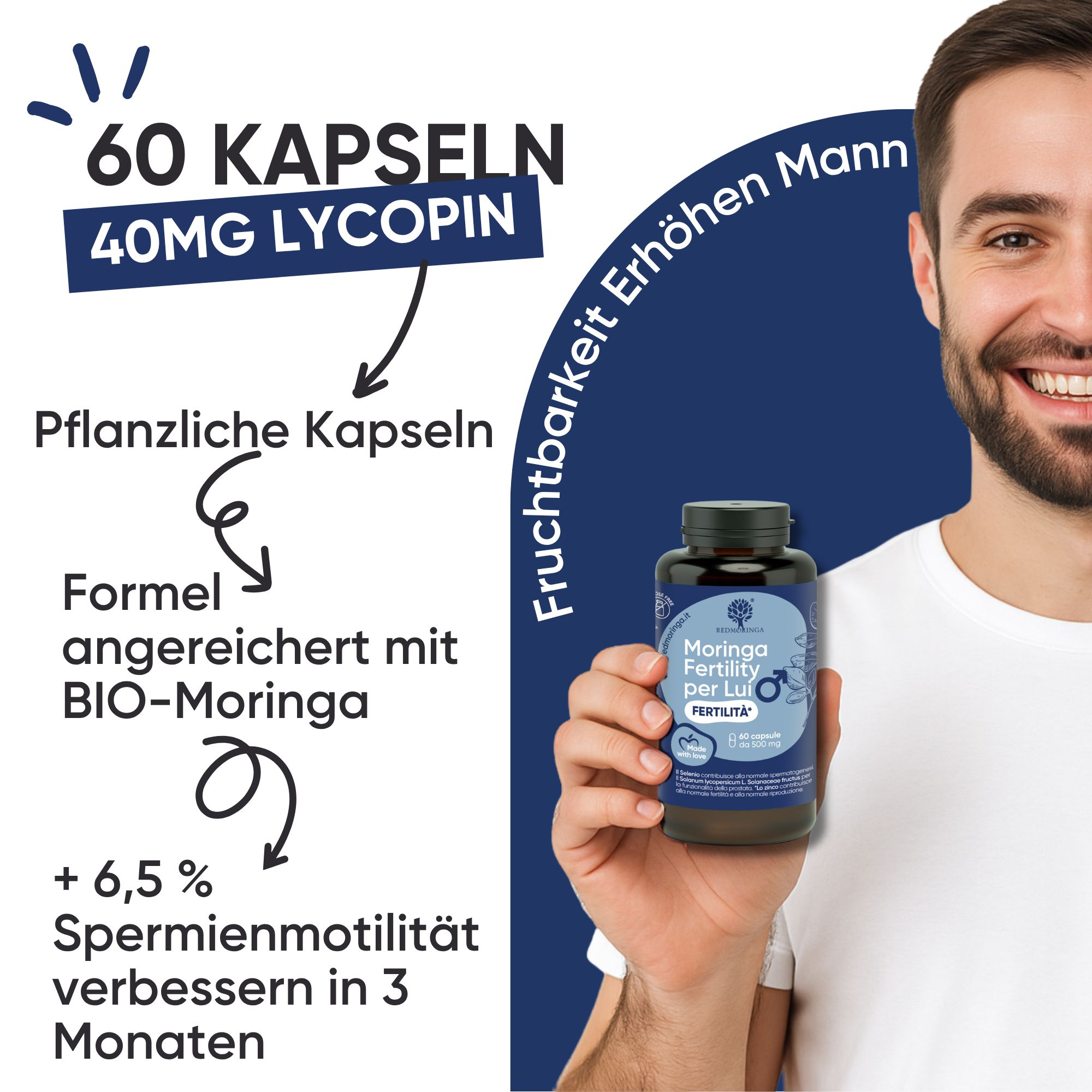 Flasche mit Kapseln. Text: "60 Kapseln", "Pflanzliche Kapseln", "Kinderwunsch Tabletten Mann".