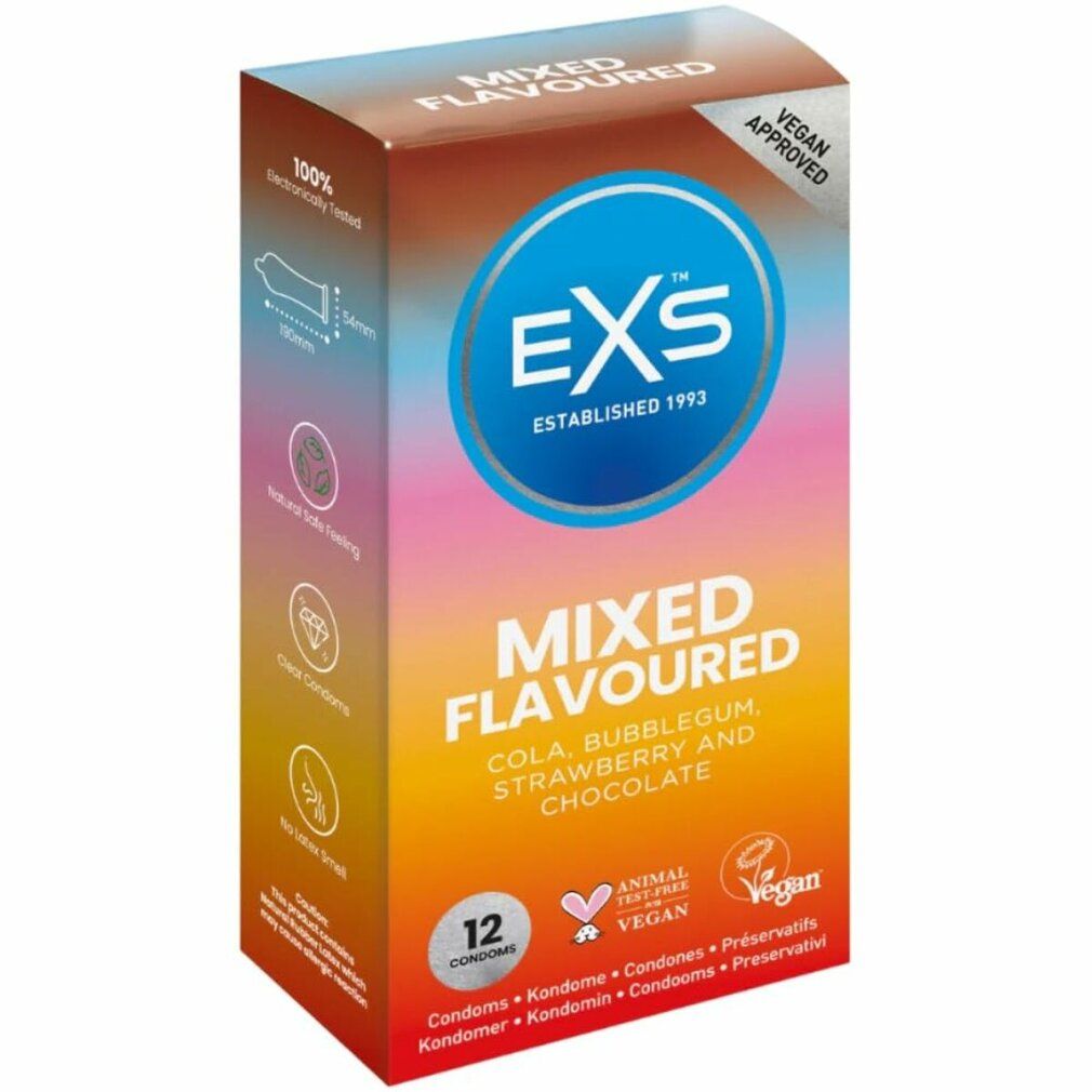 Schachtel mit 12 veganen Kondomen, gemischte Geschmacksrichtungen. EXS-Logo. Aromen: Cola, Bubblegum, Erdbeere, Schokolade.
