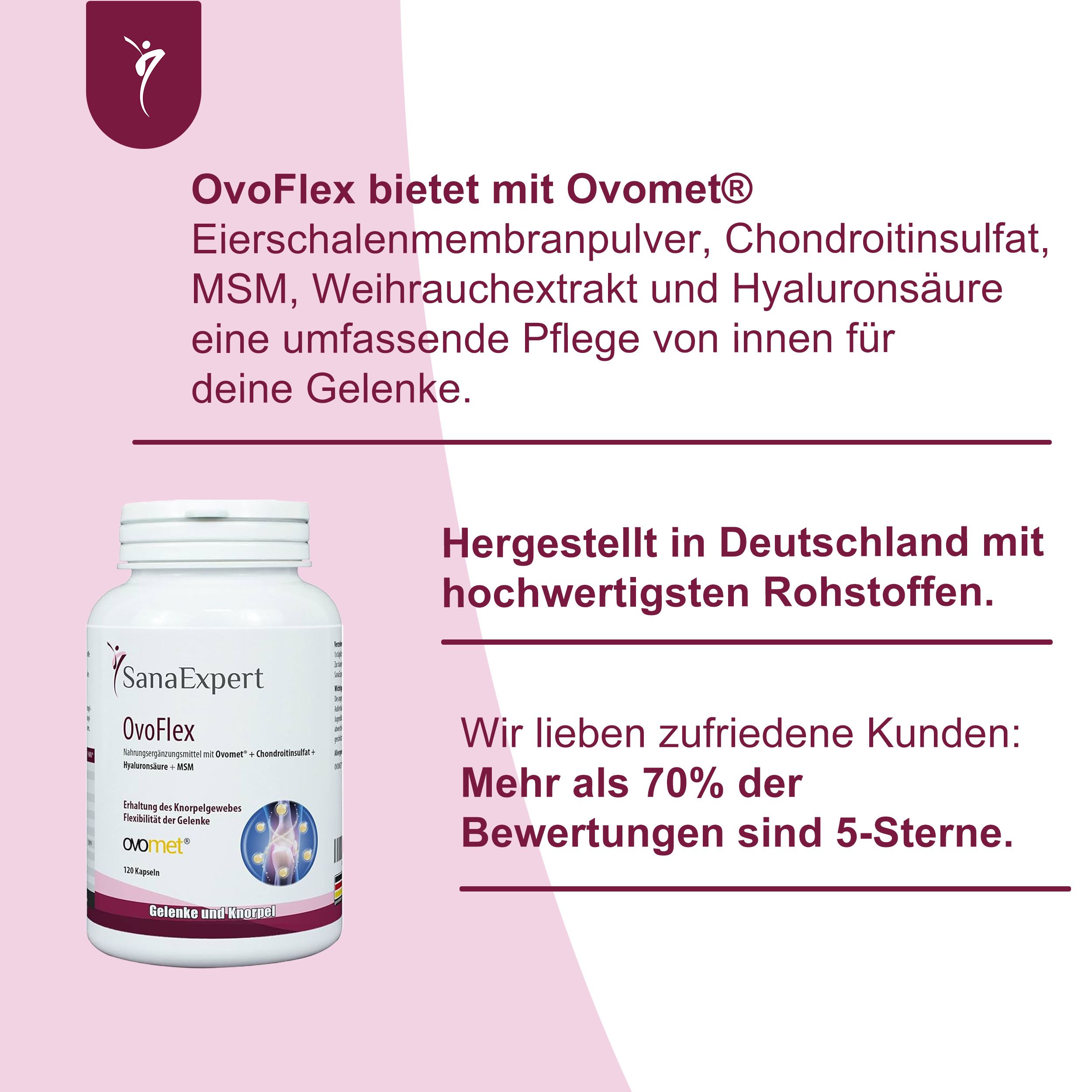 Weißes SanaExpert OvoFlex-Behälter mit Kapseln. Text: Ovomet, Chondroitinsulfat, MSM, Hyaluronsäure. Hergestellt in Deutschland.