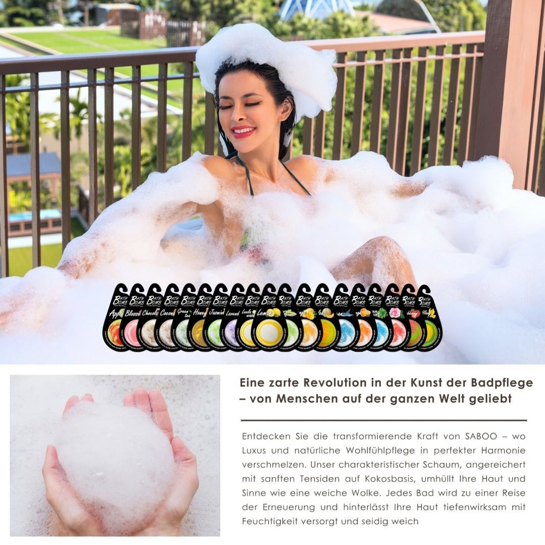 Frau in Badewanne mit Schaum. Reihe von Badewannenbomben. Text: Saboo. Logos: Saboo, Bath Bomb.