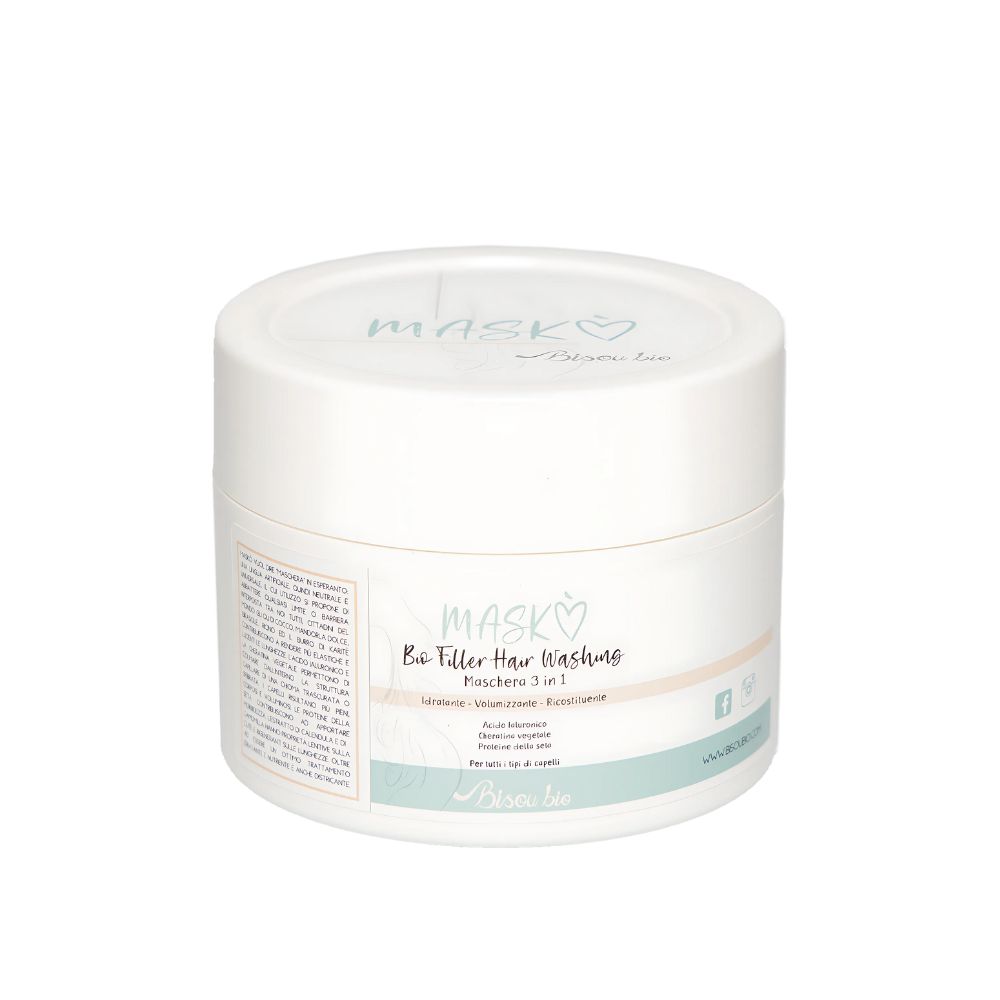 Vaso bianco con scritta "MASK" e "Bo Filler Hair Washing". Testo multilingue. Striscia azzurra con testo.
