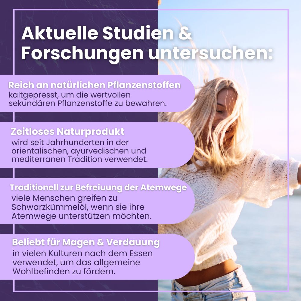 Frau mit blonden Haaren. Text: Aktuelle Studien & Forschungen untersuchen: Reich an Pflanzenstoffen, zeitloses Naturprodukt, Atemwege, Magen & Verdauung.
