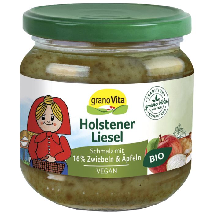 Glas mit Aufschrift "Holstener Liesel". Enthält Schmalz mit Zwiebeln und Äpfeln. Bio-Siegel. Grüner Deckel.
