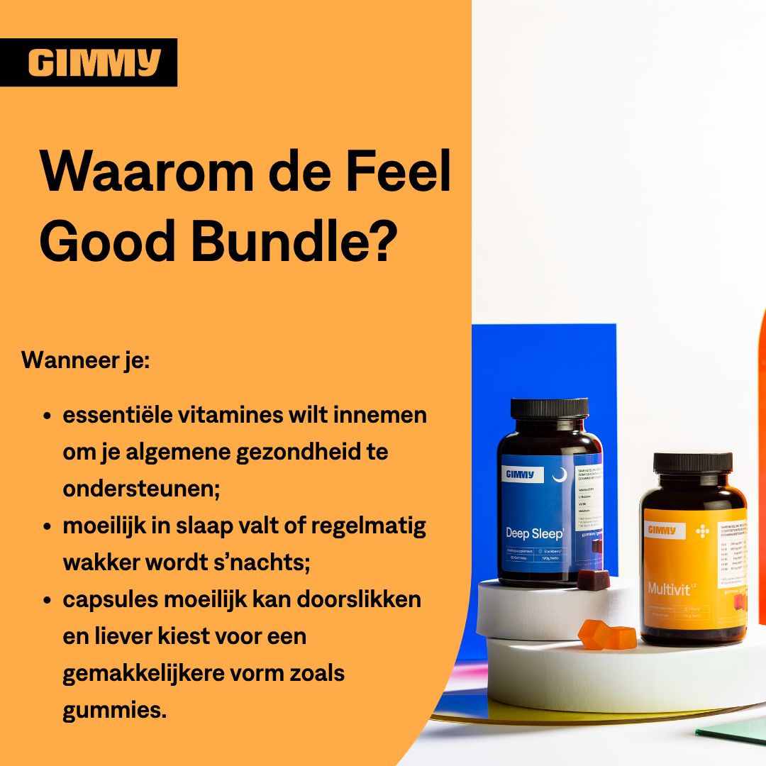 Text auf orangefarbenem Hintergrund. "Waarom de Feel Good Bundle?" Zwei Flaschen mit "Deep Sleep" und "Multivit".