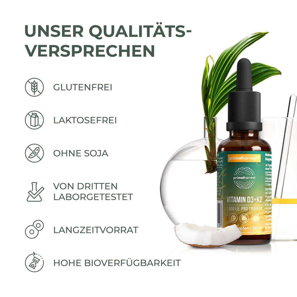 Braune Glasflasche mit schwarzem Tropfer. Etikett mit Produktinformationen. Kokosnuss, Blätter. Text: Glutenfrei, laktosefrei, ohne Soja.