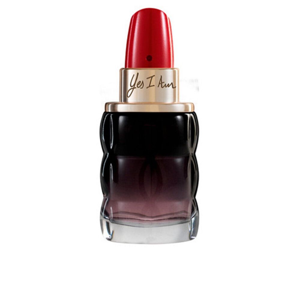 Schwarze, geriffelte Parfümflasche mit rotem Verschluss und goldenem Ring. Aufschrift 'Yes I Am'.