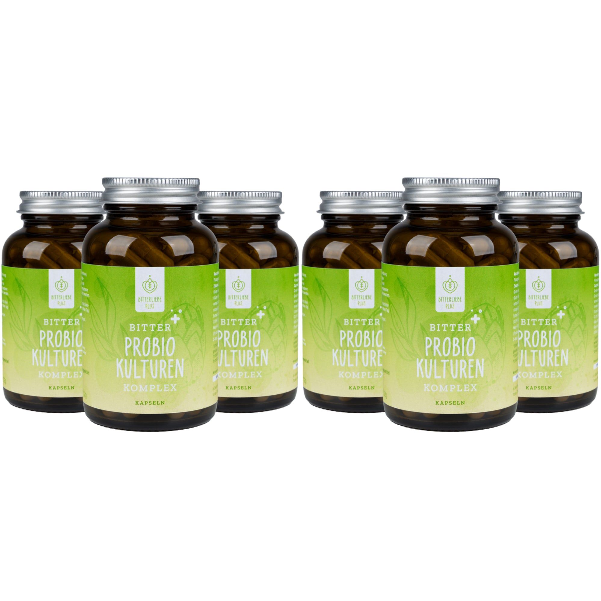 Sechs Flaschen BitterLiebe ProBio Kulturen Kapseln. Braune Glasflaschen mit grün-weißem Etikett.