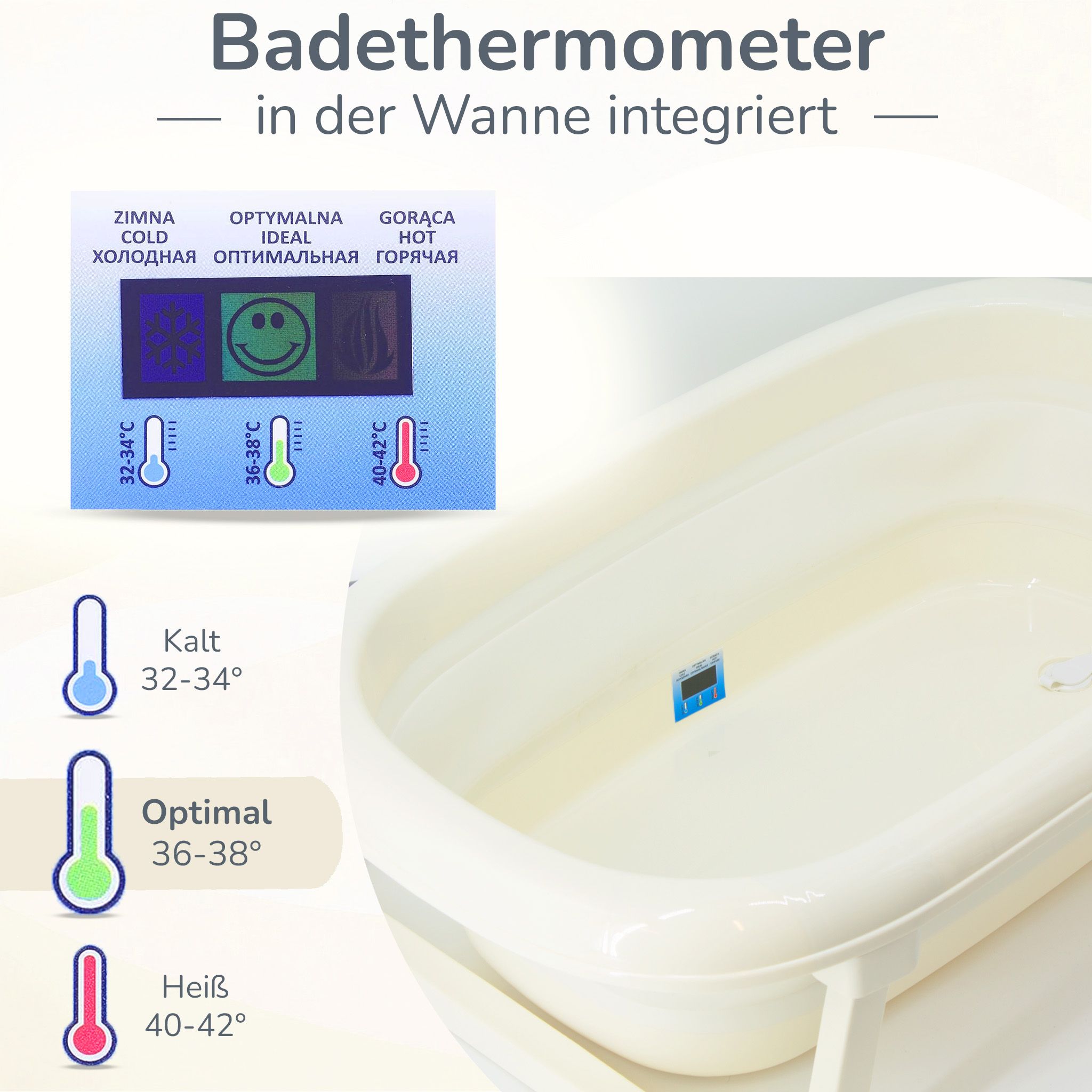 Faltbare Babybadewanne - Klappbare Baby Wanne mit integriertem Thermometer und Abfluss