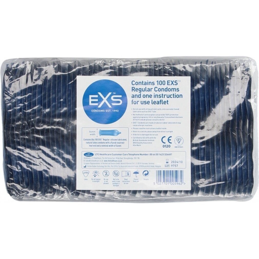 Verpackung mit 100 EXS Regular Kondomen. Enthält eine Gebrauchsanweisung. Transparente Verpackung.