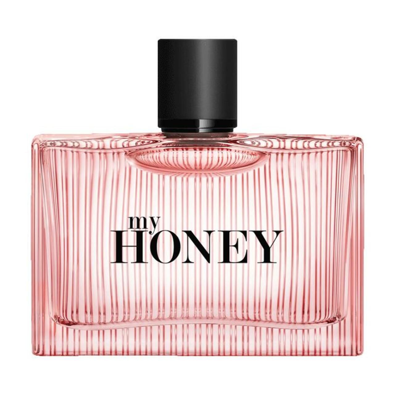 Rosa Parfumflasche mit "my HONEY" Schriftzug. Schwarzer Verschluss.
