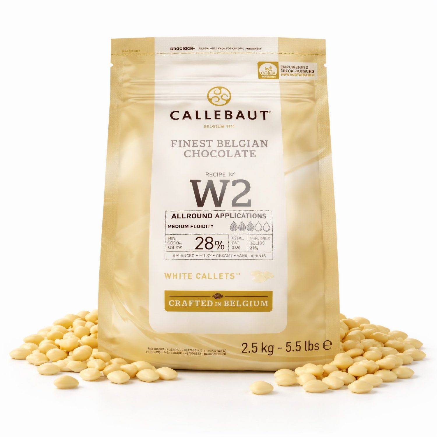 Callebaut W2 weiße Schokoladen-Callets, 28% Kakao, 2.5 kg Beutel.