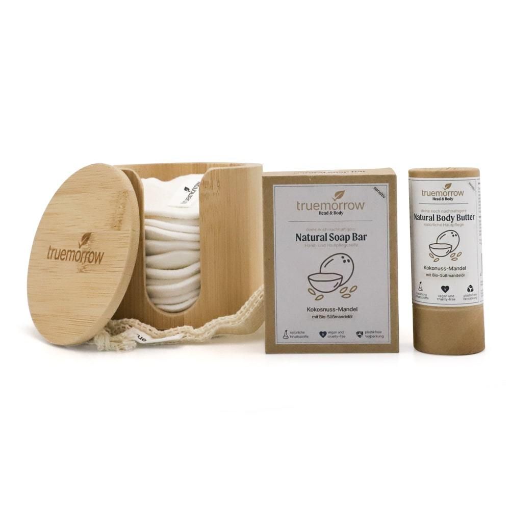 truemorrow Geschenkset Feel-Good mit Seife und Body-Butter in Kokosnuss-Mandel (mit Geschenkkorb)
