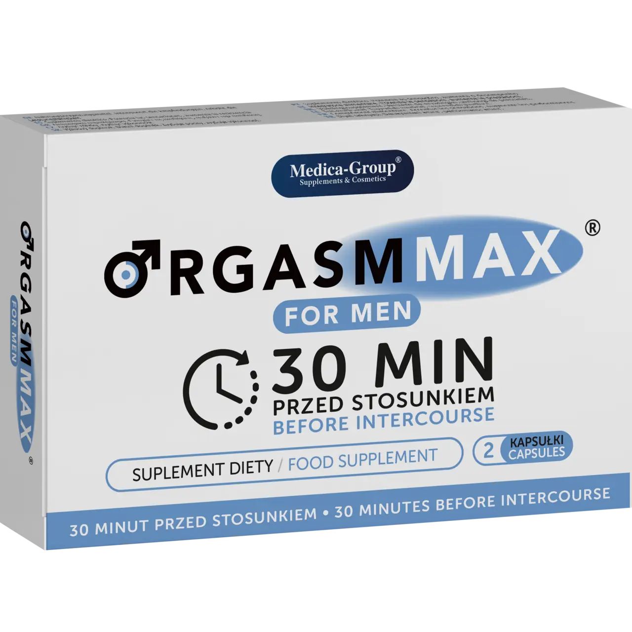 Weiße Schachtel mit „ORGASM MAX FOR MEN“. Enthält 2 Kapseln. Text: „30 MINUTEN VOR DEM GESCHLECHTSVERKEHR“. Marke: Medica-Group.