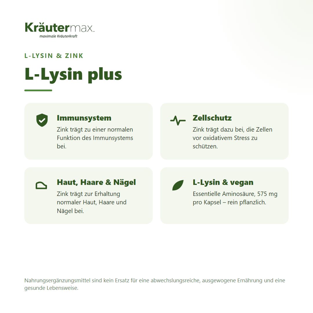 Übersicht der Inhaltsstoffe von L-Lysin plus: 575 mg L-Lysin, 5 mg Zink, organisch gebunden, vegan.