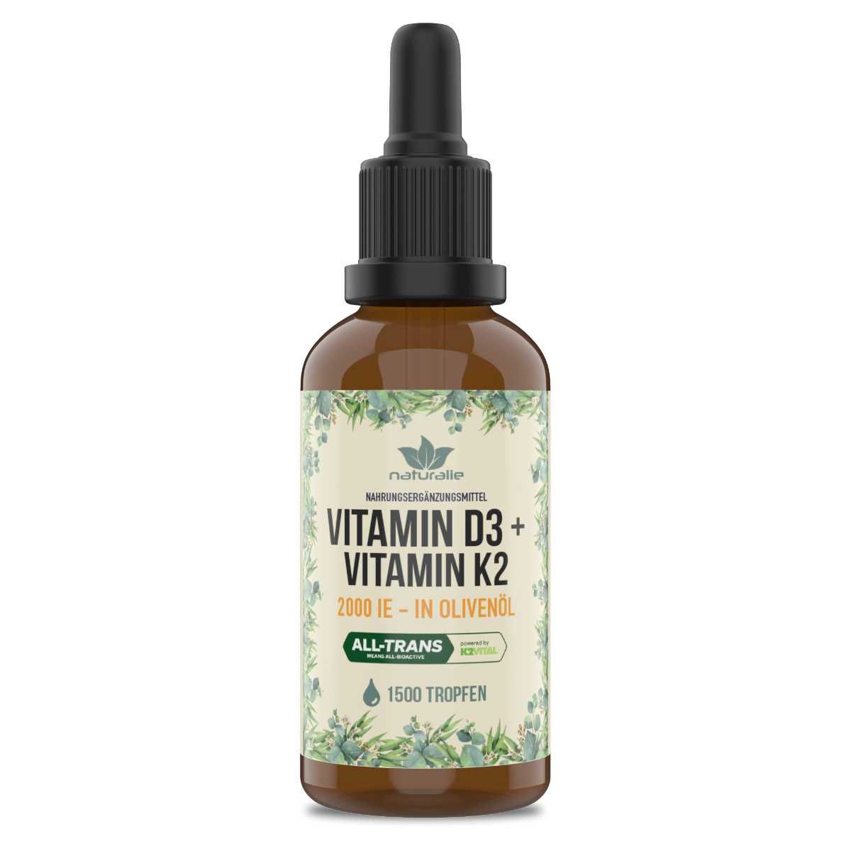 Naturalie Vegane Vitamin D3 K2 MK7 Tropfen mit MCT-Öl 50 ml