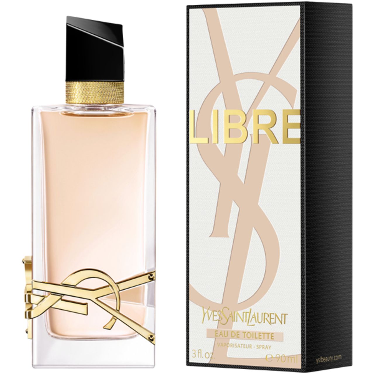 Flakon und Verpackung. Flakon mit goldfarbenem Logo. Verpackung mit Logo und Schriftzug Libre. Yves Saint Laurent Libre E.d.T. Vapo.