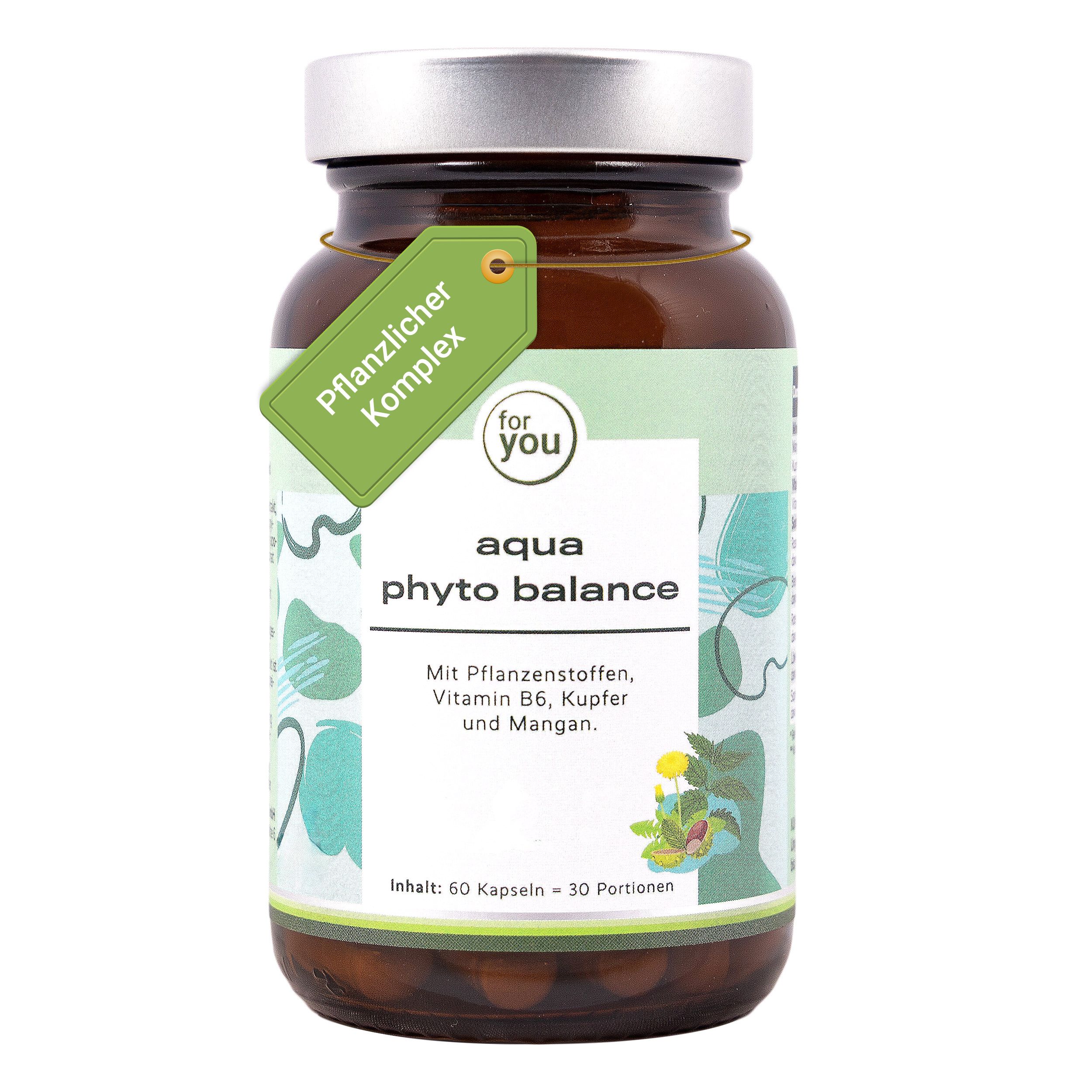 Braunglasflasche mit Aqua Phyto Balance Kapseln, Etikett mit Produktnamen und Inhaltsstoffen.